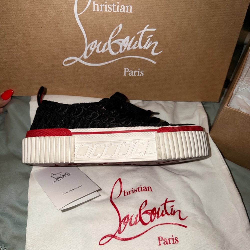 Christian Louboutin Black Lace Low-Top Sneakers with Red Accents